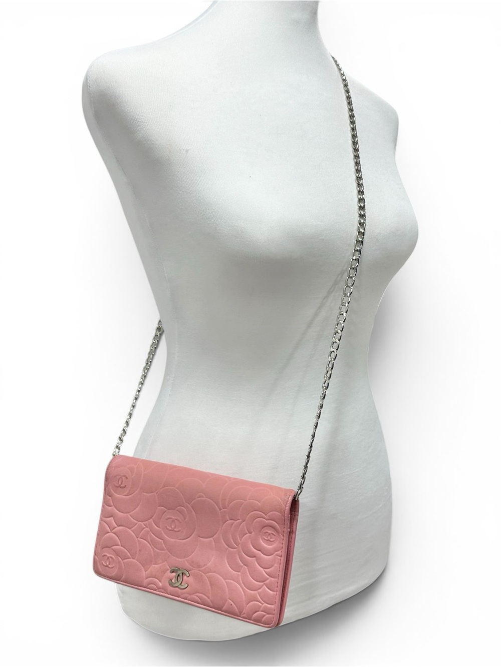 Chanel Pink Camellia Flower Embossed Long Bifold Wallet with Box